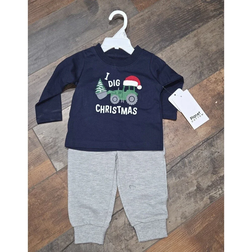 Planet Cotton I Dig Christmas 2pc Baby Outfit NWT Sz NB B9